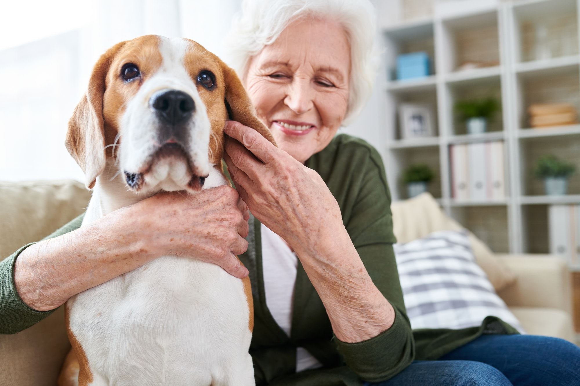 Senior woman enjoying time with her dog as she think about her Medicare Part C eligibility.